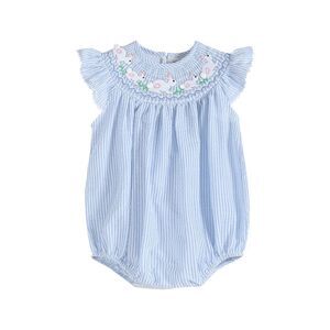 Lil Cactus Girls  Seersucker Bunny Smocked Flutter Romper, Blue/White